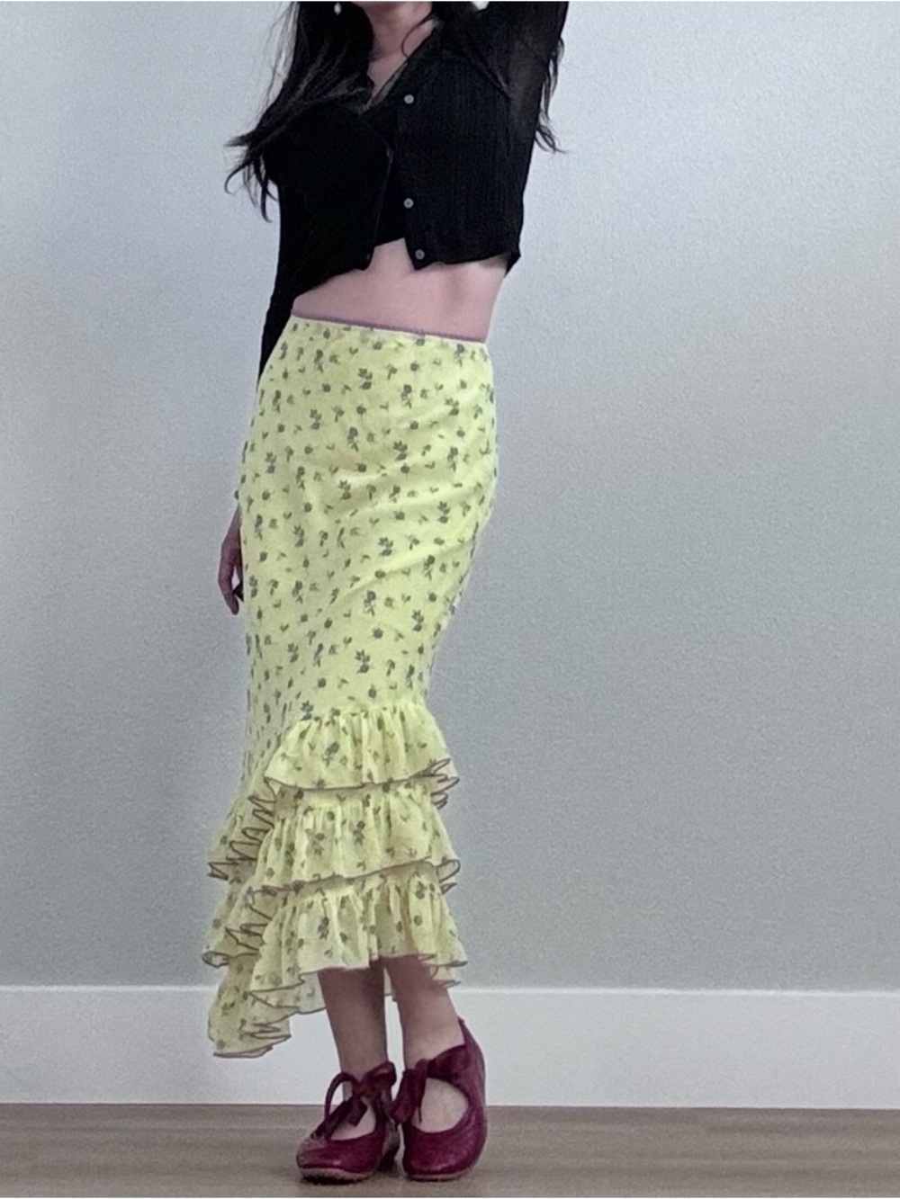 Floral Ruffle Hem Midi Skirt in Lemon Yellow